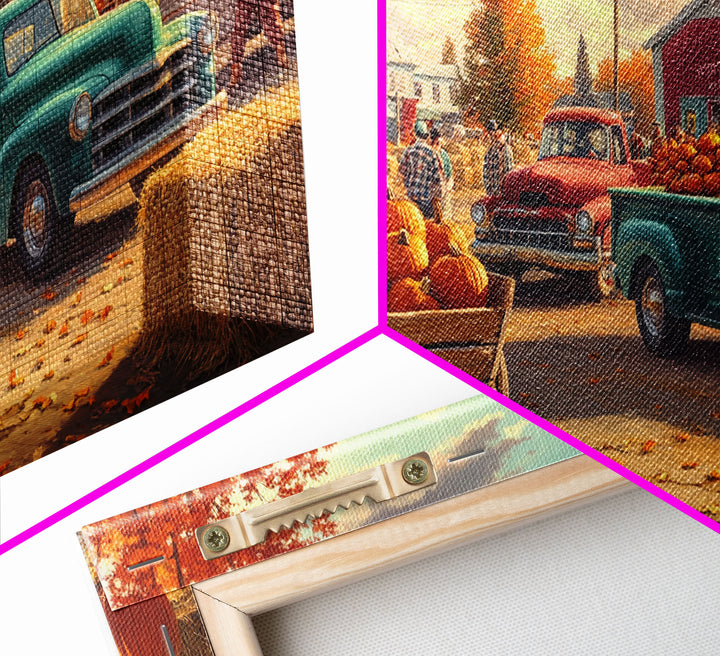 Fall pumpkin harvest with vintage trucks, country autumn decor, canvas print, fall farmhouse wall art, seasonal decor