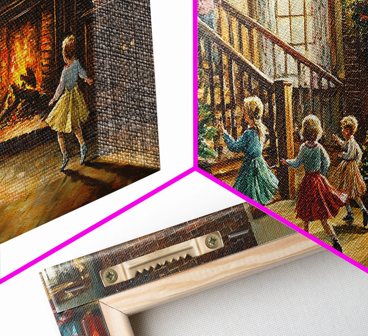 Vintage Christmas living room with fireplace and tree, children and presents, framed canvas print, Christmas decor, holiday wall art