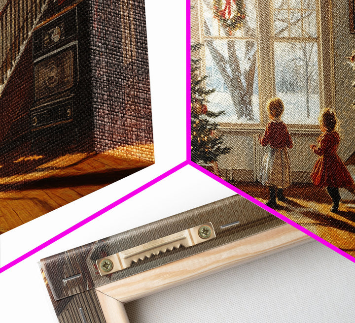 Vintage Christmas scene with children by tree, rustic Christmas home decor, framed canvas print, Christmas art prints, 2024 holiday wall art