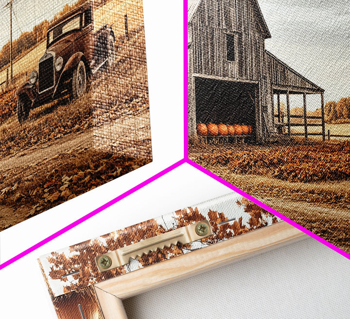 Farmhouse Autumn Decor Framed Canvas Print with Rustic Truck and Barn, Fall Country Art Wall Decor, Pumpkin Harvest Gift Idea Seasonal Decor