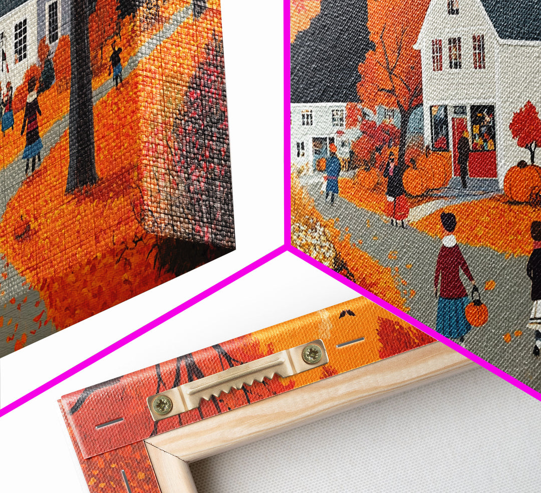 Autumn Vintage Village Canvas Print with Fall Foliage, Seasonal Farmhouse Art, Framed Wall Decor Gift, Best Gift Idea