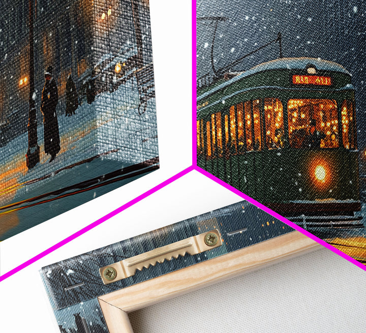 Vintage Christmas Street Scene Framed Canvas Print, City Tram Holiday Art, Christmas Wall Art Gift Idea, Holiday Season Decor, Wall Decor