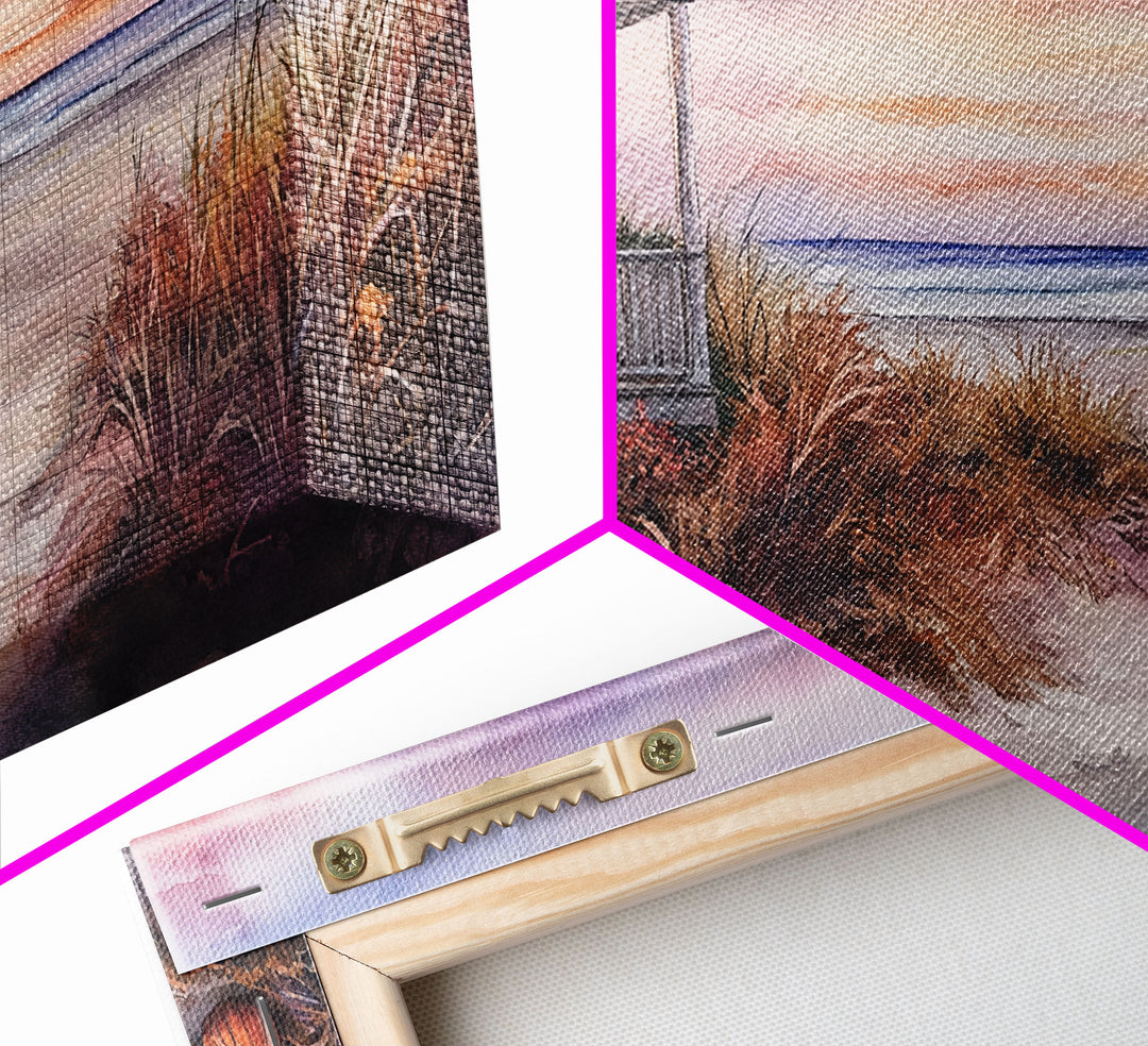 Rustic Beach Cottage Fall Scene Framed Canvas Print, Coastal Autumn Sunset Wall Art Ideal Autumn Gift, Seasonal Beach Decor