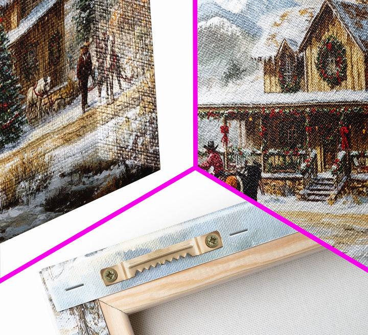 Mountain Log Cabin Christmas Framed Canvas Print, Rustic Holiday Winter Scene, Best Gift Christmas Wall Art, Vintage Holiday Decor Ideas