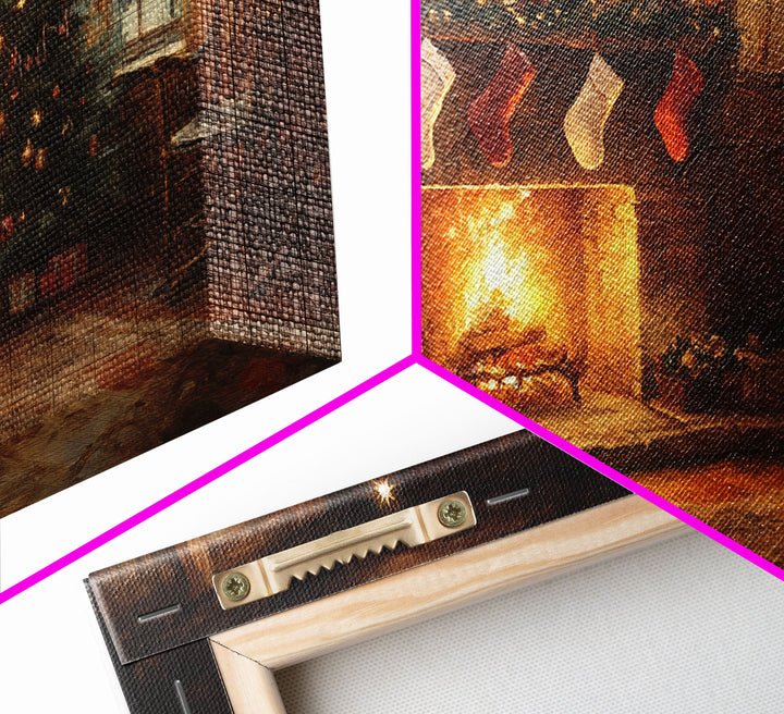 Vintage Christmas Living Room Framed Canvas Print with Fireplace and Stockings, Cozy Rustic Holiday Wall Art, Best Christmas Gift Idea