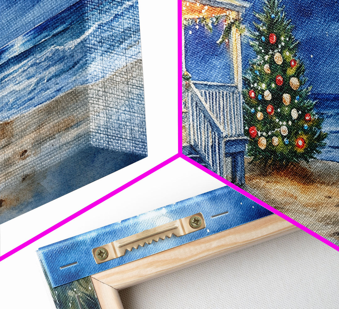 Cozy Christmas Cottage On Beach Scene With Framed Canvas Print, Winter Beach Home Christmas Tree Wall Art, Holiday Wall Decor