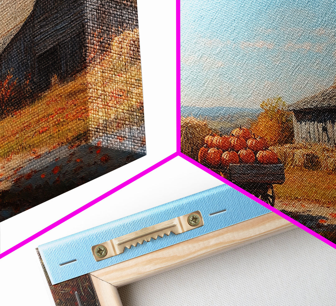 Rustic Barn with Pumpkins Framed Canvas Print, Cozy Fall Farmhouse Decor, Country Autumn Harvest Art, Seasonal Wall Art Gift Idea