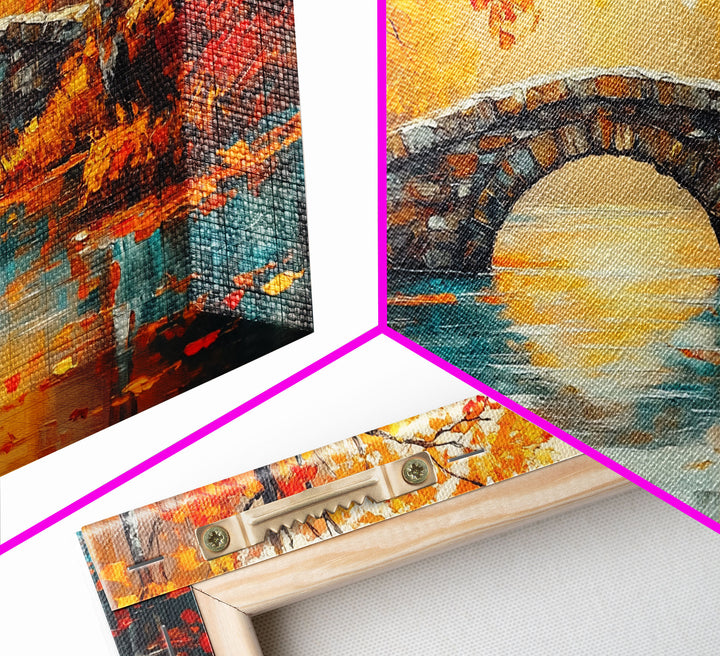 Stone Bridge in Autumn Framed Canvas Print, Colorful Fall Landscape Art, Seasonal Wall Decor, Best Gift Idea for Fall Farmhouse Decor