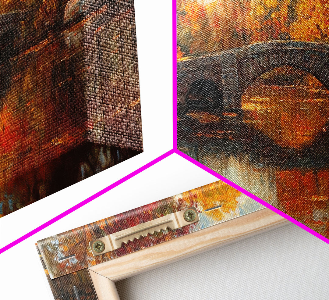 Scenic Autumn Bridge Framed Canvas Print, Cozy Fall Landscape Wall Art, Country Farmhouse Autumn Decor, Best Seasonal Gift Idea