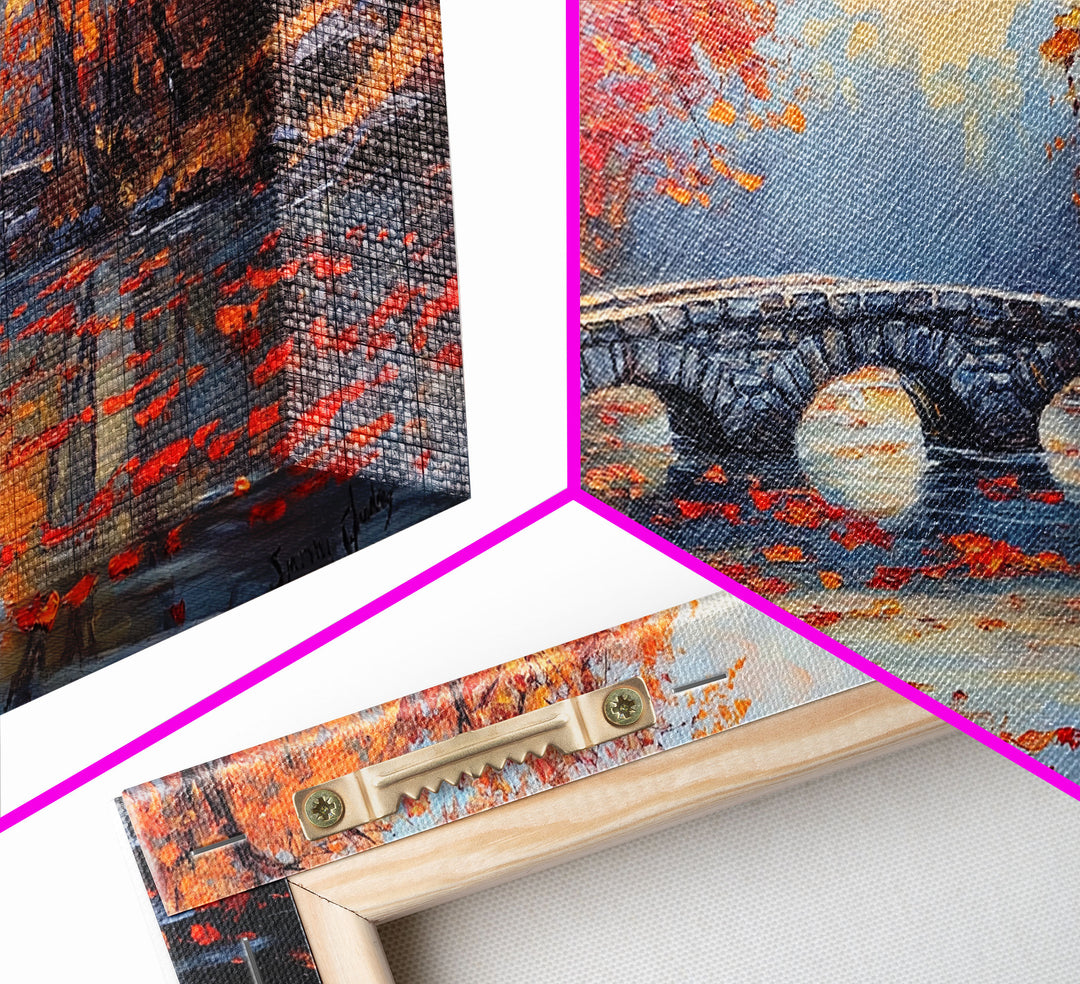 Autumn River Bridge Framed Canvas Print, Colorful Fall Landscape Wall Art, Cozy Seasonal Decor, Best Gift Idea for Farmhouse Wall Art