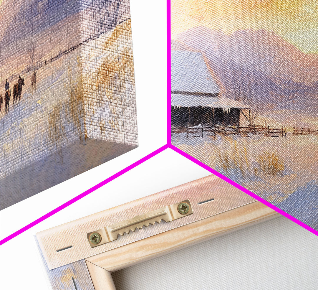 Snowy Farmhouse Sunset Framed Canvas Print, Winter Mountain Landscape Art, Rustic Country Christmas Decor, Best Winter Wall Art Gift