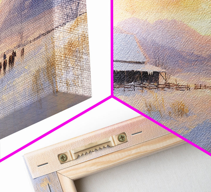 Snowy Farmhouse Sunset Framed Canvas Print, Winter Mountain Landscape Art, Rustic Country Christmas Decor, Best Winter Wall Art Gift