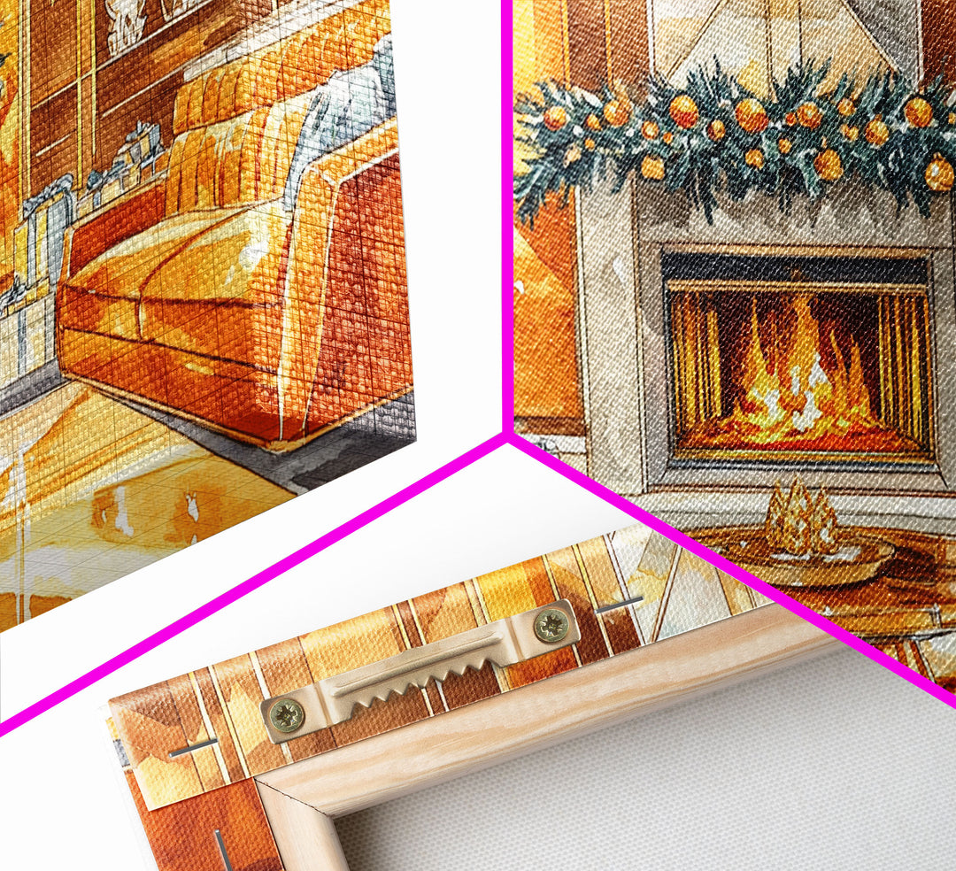 Luxurious Christmas Living Room Framed Canvas Print, Golden Holiday Decor with Christmas Tree and Fireplace Winter Wall Art