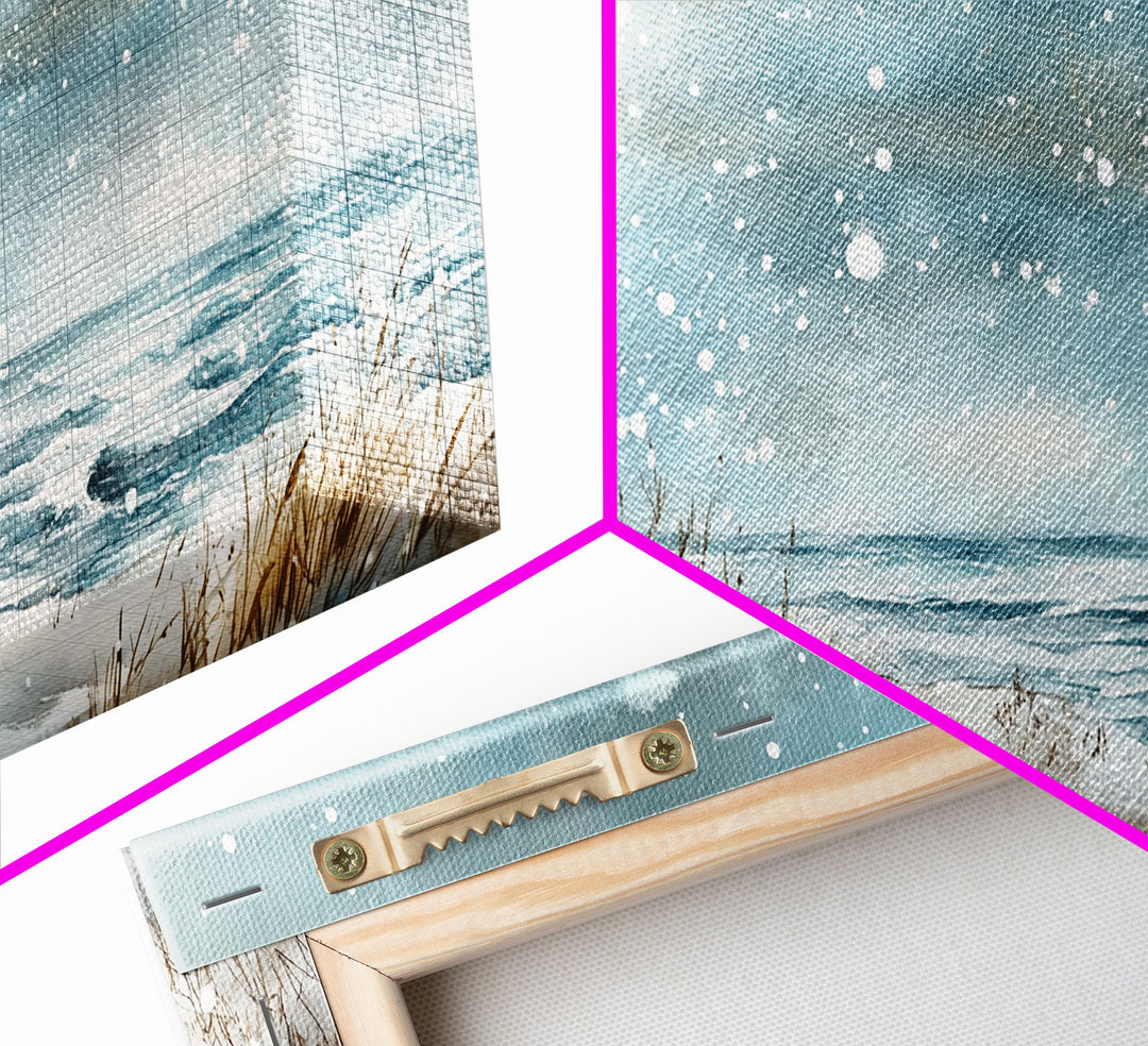 Coastal Christmas Lighthouse Decor Framed Canvas Print, Snowy Beach Scene with Holiday Wreath and Lighthouse Winter Wall Art