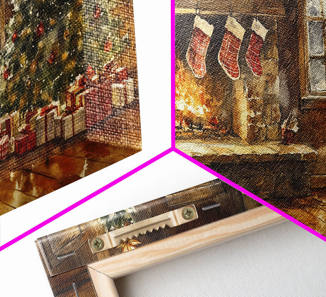 Cozy Christmas living room with stockings, Christmas tree, and fireplace, Framed Canvas Print for holiday wall art vintage Christmas decor
