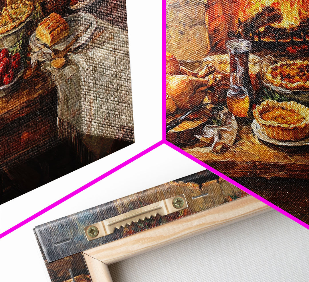 Cozy Thanksgiving Feast by Fireplace Framed Canvas Print Seasonal Wall Art, Rustic Fall Decor, Harvest Celebration Art Print for Home