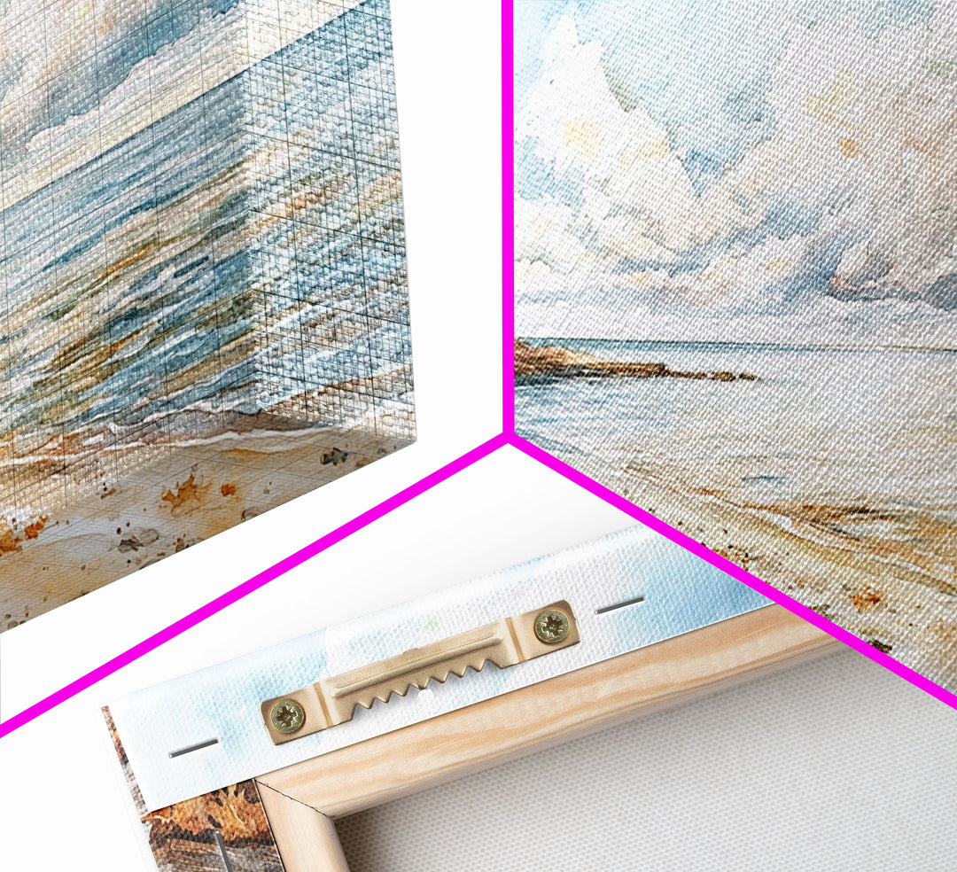 Autumn beach scene with colorful trees and calm waters, framed canvas print, perfect fall or autumn seasonal decor wall art
