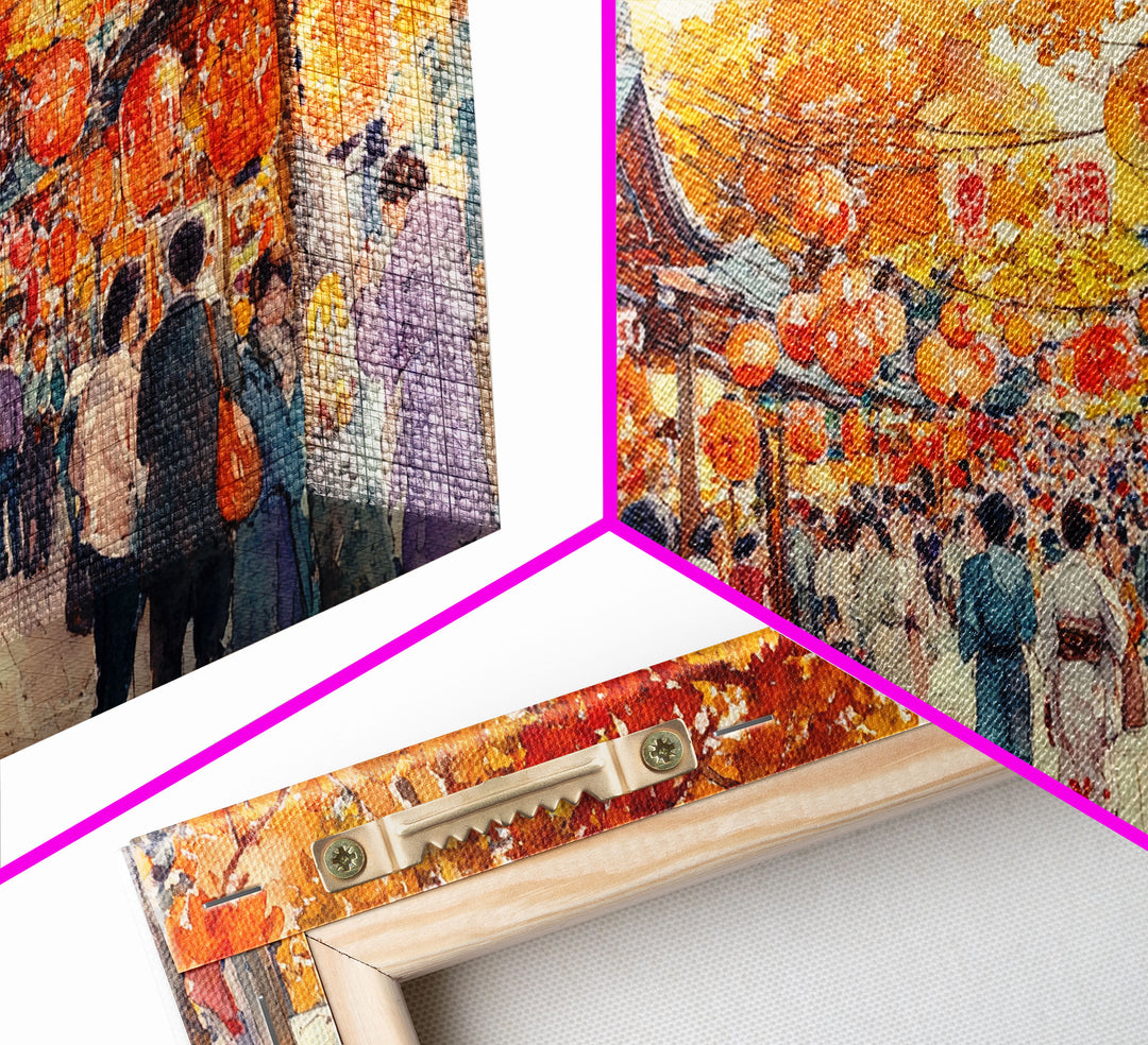 Vibrant fall market street scene with lanterns and people, framed canvas print, perfect autumn or fall festival decor wall art