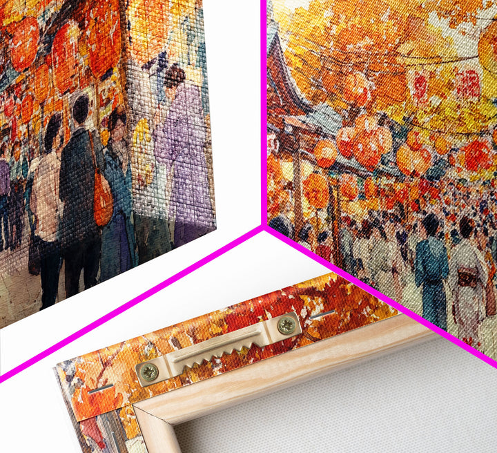 Vibrant fall market street scene with lanterns and people, framed canvas print, perfect autumn or fall festival decor wall art