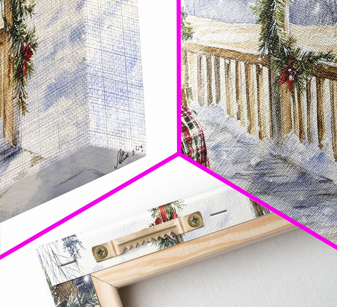 Snowy porch scene with wreaths and holiday greenery, framed canvas print, cozy winter Christmas decor perfect holiday wall display