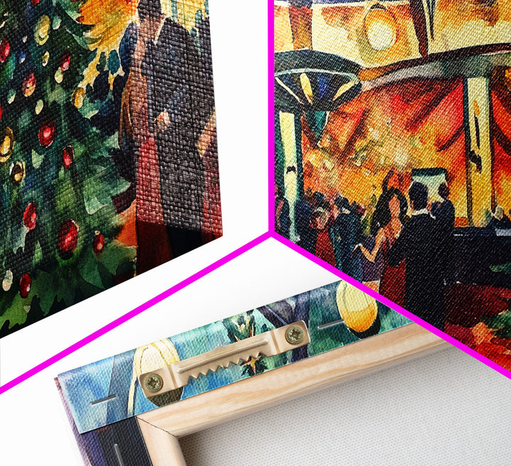 Elegant ballroom Christmas tree with dancing couples, framed canvas print vibrant holiday party decor perfect seasonal wall art