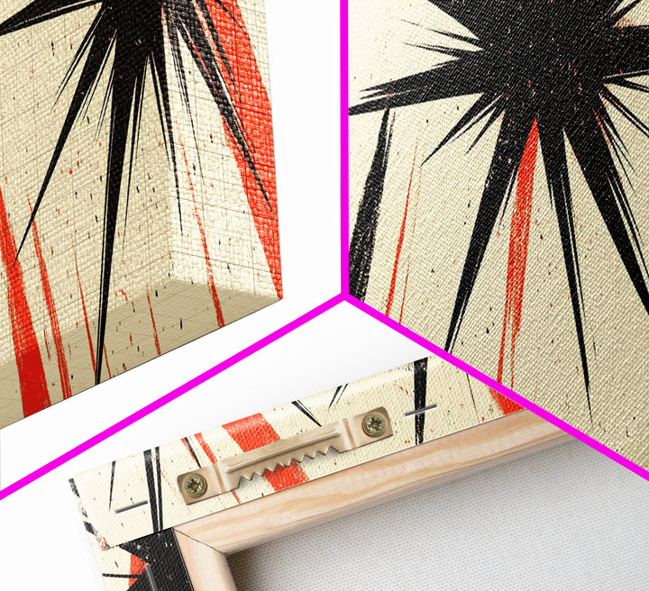 Flashes and Light - Framed Canvas Print - Mid-century Modern Rocket Age Inspired Wall Art - Black Stars with Red Streaks