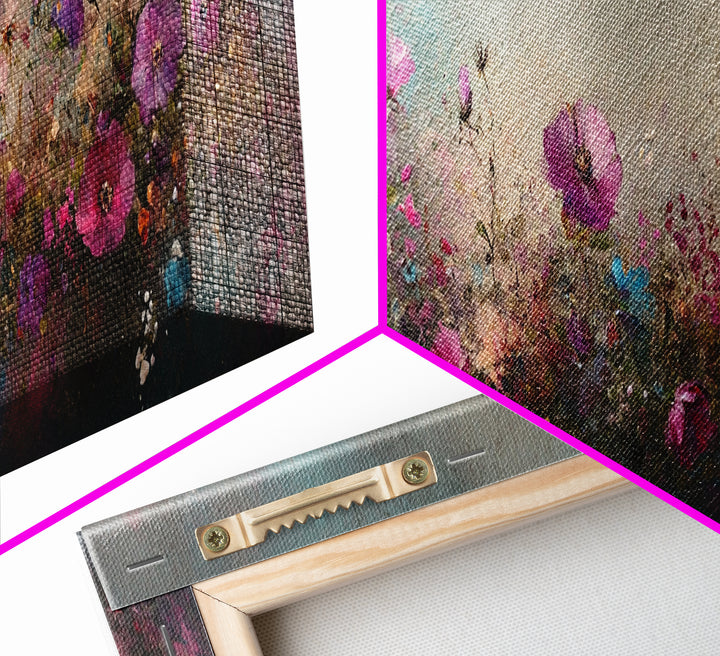 Abstract Pink Flower Painting Print, Wood Framed Wall Art, Flowers Wall Art, Vintage Landscape Wildflowers Painting