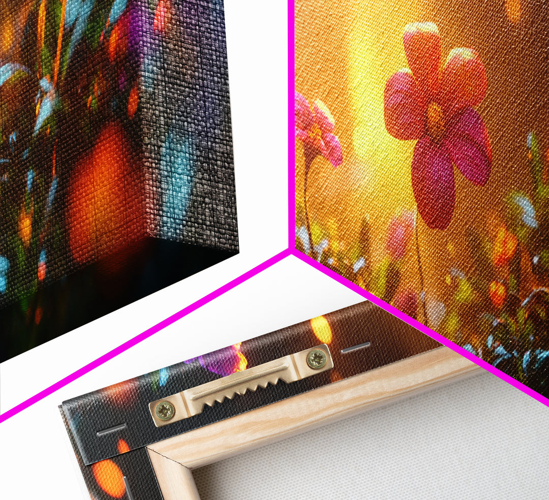 Beautiful 3D Rendered Flower Canvas Print, Wild Flowers In The Morning Dew at Sunset, Panoramic Extra Wide Wall Art