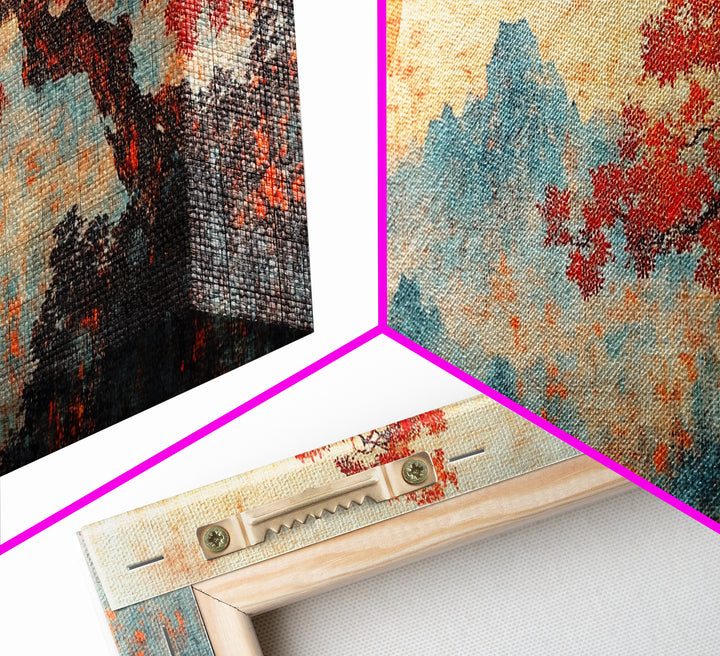 Maple Tree At Sunset With Red Leaves, Japanese Vintage Style Wall Art, Panoramic Painting Print, Woodblock Print, Boho Wall Decor