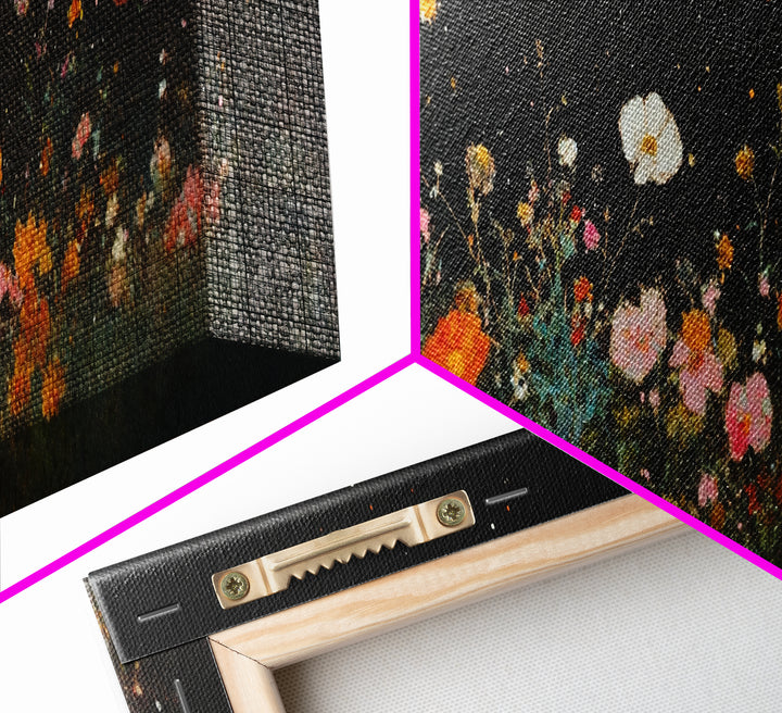 Dark & Moody Wild Flowers Under a Full Moon, Framed Canvas Print, Panoramic Extra Wide Wall Art, Oversized Home Decor