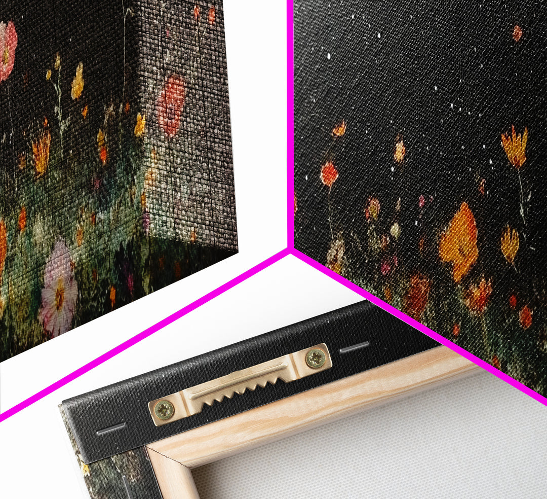 Dark & Moody Wild Flowers Under a Full Moon, Framed Canvas Print, Panoramic Extra Wide Wall Art, Oversized Home Decor, Modern Farmhouse Art