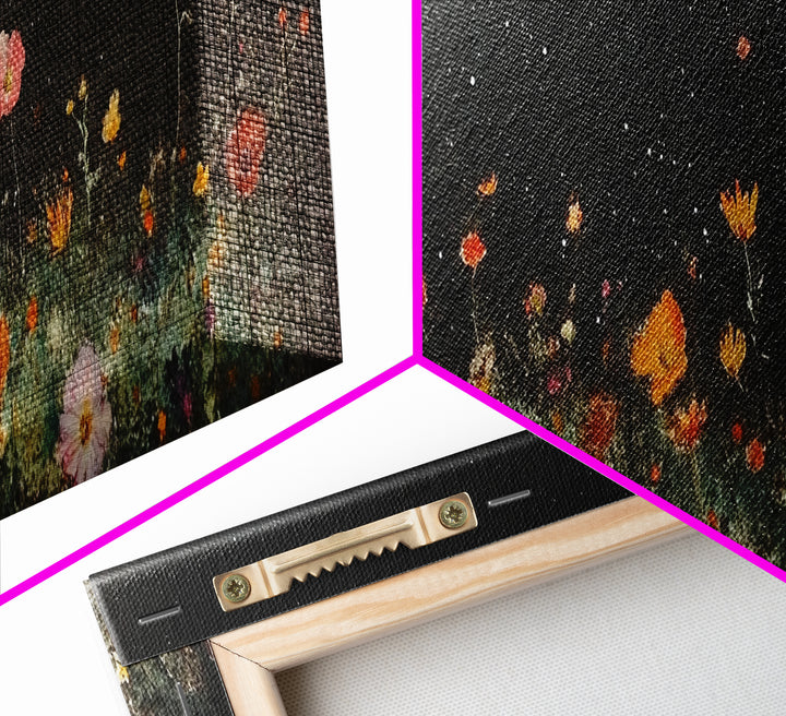 Dark & Moody Wild Flowers Under a Full Moon, Framed Canvas Print, Panoramic Extra Wide Wall Art, Oversized Home Decor, Modern Farmhouse Art