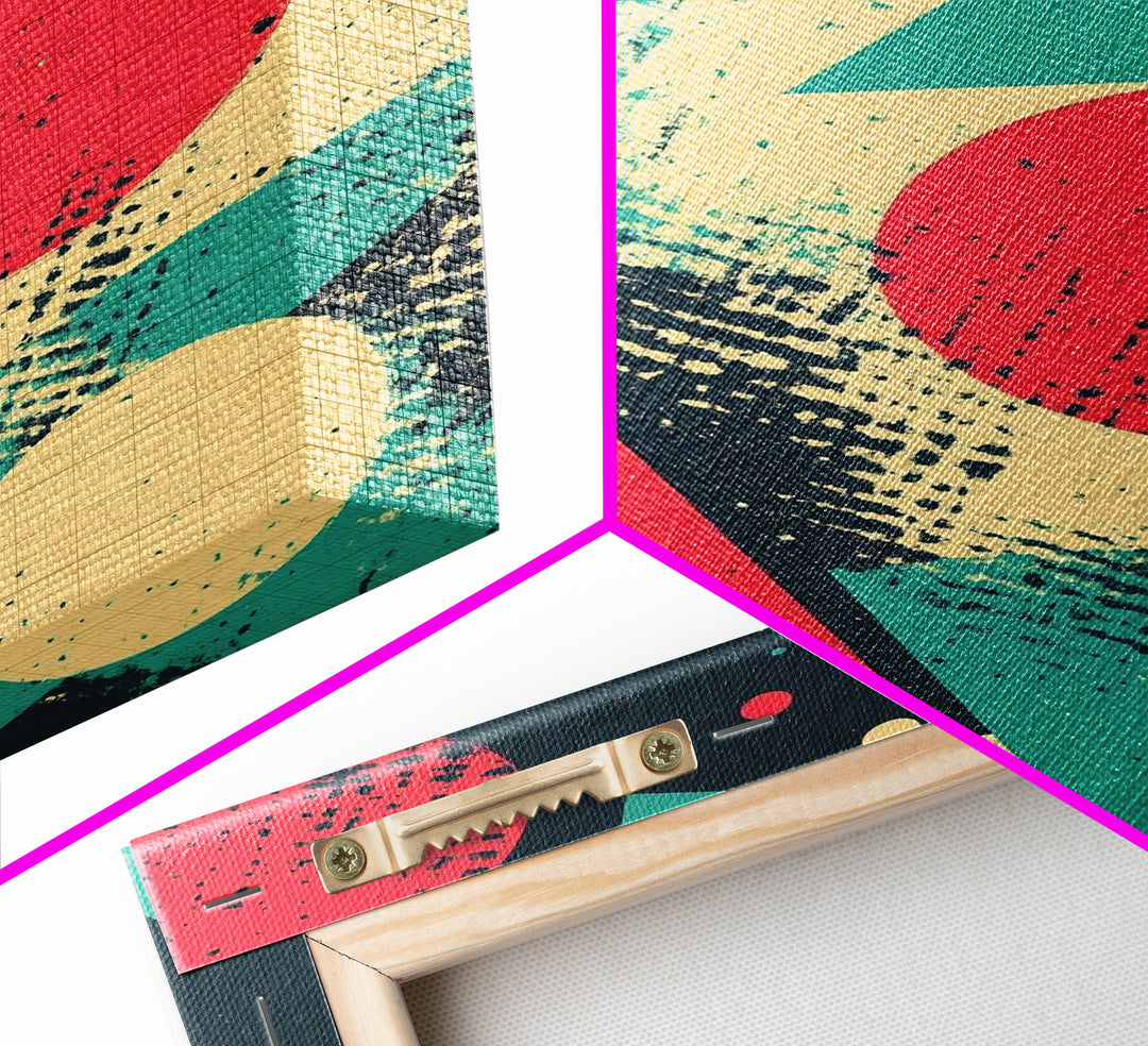 Circles And Triangles, Canvas Print, Retro Abstract Art, Midcentury Modern Style Home Decor, Turquoise Red and Black Wall Art