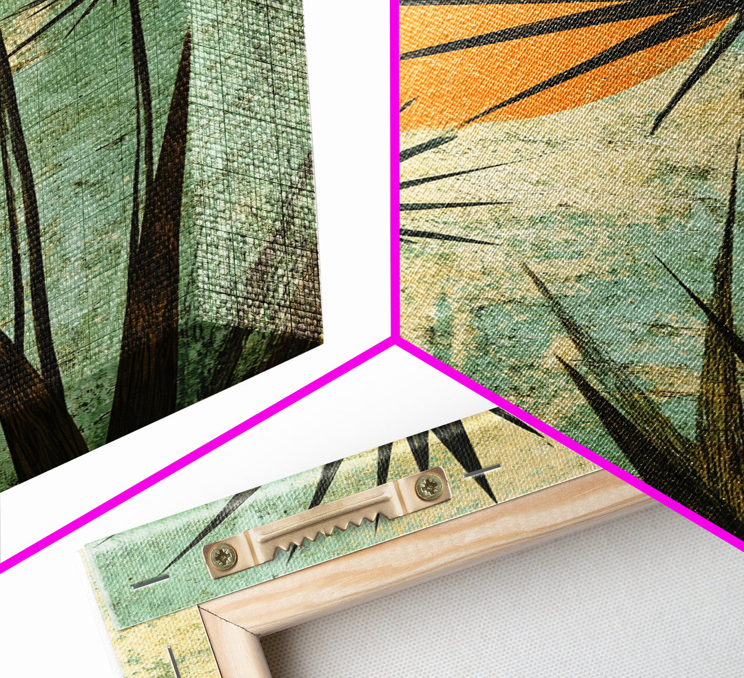 Abstract Palm Trees at Sunset, Framed Canvas Print, MCM Style Wall Art