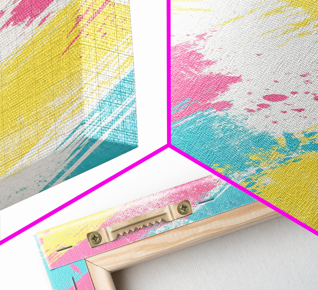 Brush Strokes On Canvas Print, Wood Framed Wall Art, Preppy Dorm Room Decor, Pink Turquoise and Yellow on White Background Wall Art