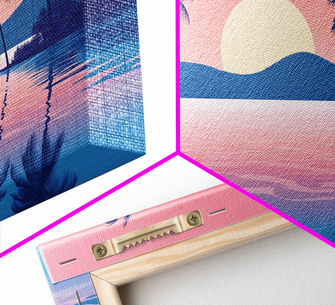 Abstract Vaporwave Sunset Over A Beach Landscape, Framed Canvas Print, Modern Art, Unique Wall Decor, Framed Canvas Art