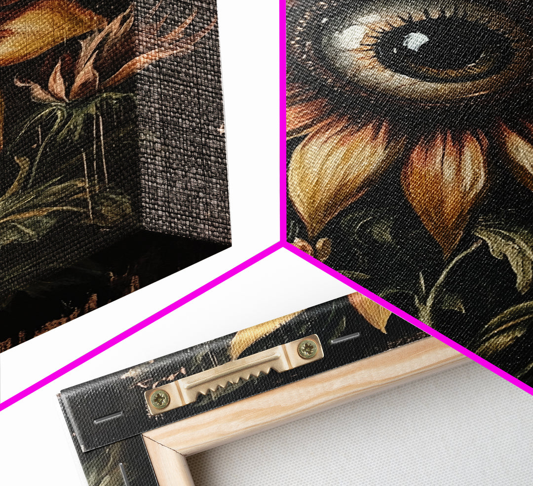 Cyclops Sunflower Framed Canvas Print - Spooky Home Decor - Halloween Wall Art - Dark Academia Macabre Wall Art Goth Botanical Art