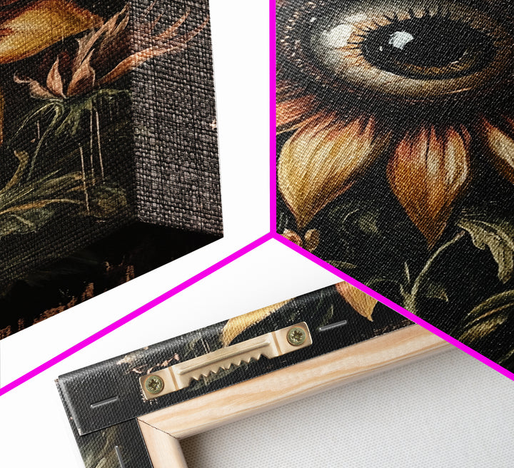 Cyclops Sunflower Framed Canvas Print - Spooky Home Decor - Halloween Wall Art - Dark Academia Macabre Wall Art Goth Botanical Art