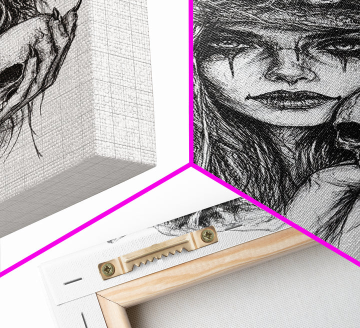 Charcoal Sketch Portrait Of a Witch Canvas Print, Dark Academia Wall Art, Moody Decor, Macabre Home Decor, Witchy Wall Art, Halloween Art