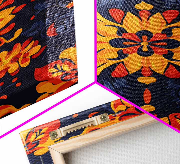 Botanical Pattern Wall Art Framed Canvas Print, Wood Framed Art, Mexicano Art, Mexican Tile Print Wall Art, Chicano Farmhouse Art