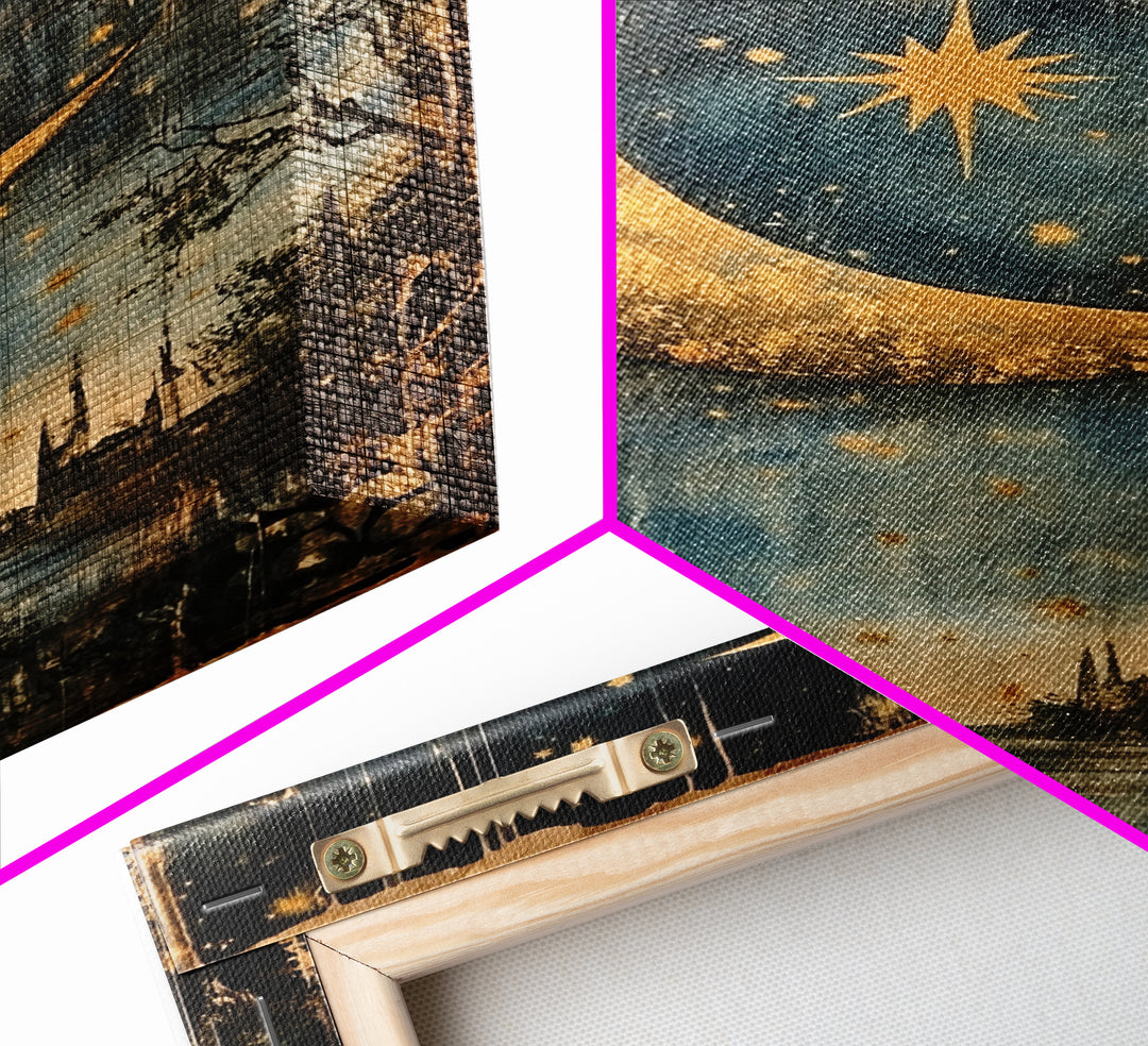 Crescent Moon in Starry Night Sky, Folk Art Framed Canvas Print, Boho Eclectic Decor, Minimalist Witchy Wall Art, Moody Decor