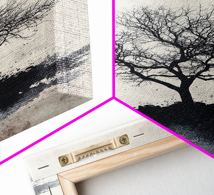 Black and White Charcoal Sketch Print of a Dead Tree, Framed Canvas Print, Wabi Sabi Art, Minimalist Wabi Sabi Home Decor