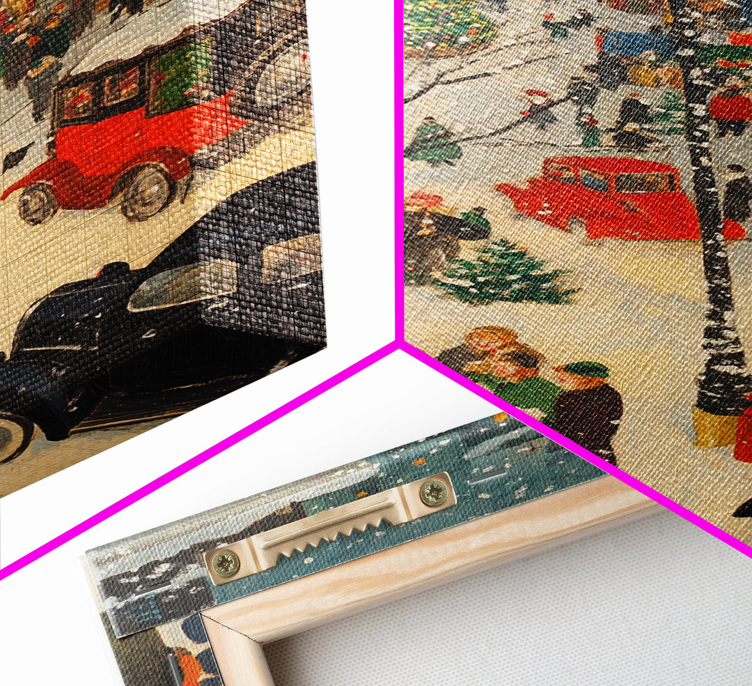 Christmas Village Home Decor - Framed Canvas Print - Retro Christmas Village Painting - Christmas Shoppers Painting - Retro Christmas Decor