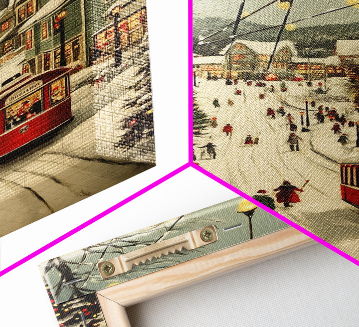Vintage Christmas Trolley Painting Print, Framed Canvas Art, Christmas Village Wall Art