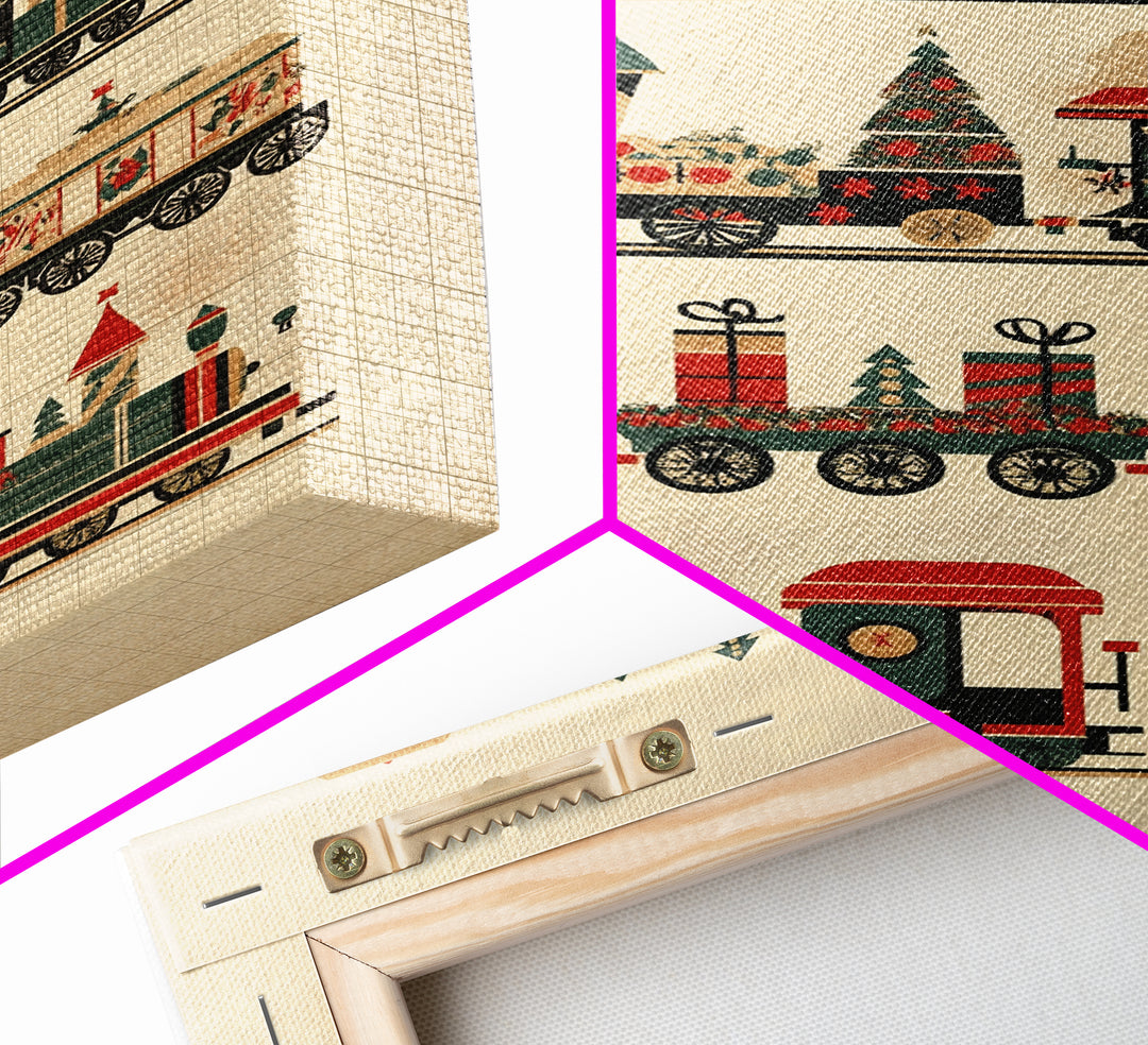 Cute Christmas Trains Canvas Print - Framed Canvas - Minimalist Christmas Art - Boho Christmas Art - Rustic Christmas Art