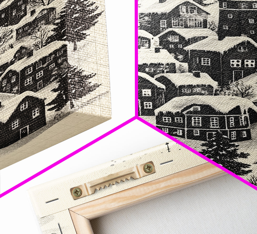 Black and White Sketch of A Christmas Village Canvas Print - Framed Canvas - Minimalist Christmas Art - Boho Christmas Art - Rustic Christmas Art