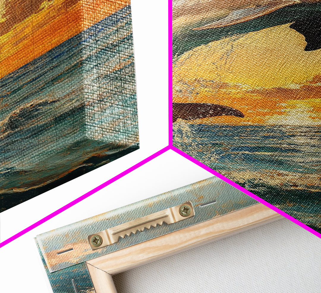 Dolphin Jumping At Sunset, Framed Canvas Print, Dolphin Painting, Dolphin Decor, Dolphin Wall Art