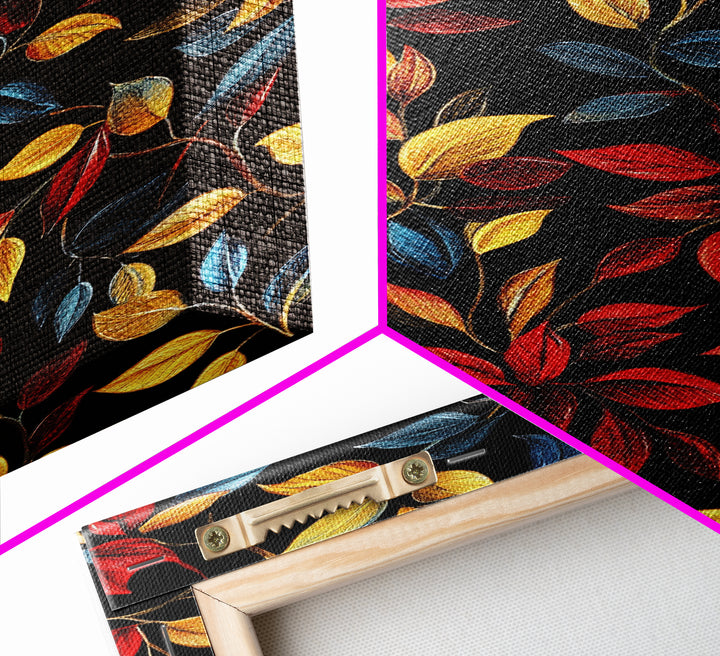 Botanical Fall Leaves Art Print On Canvas with Wood Frame, Black Background, Retro Style Home Decor