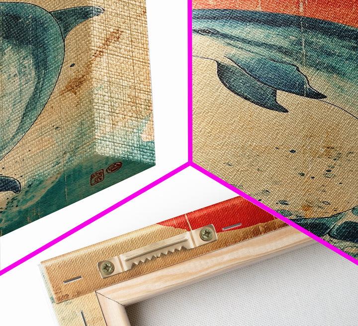 Dolphin Jumping Under A Sunset Over the Ocean Framed Canvas Print, Wabi Sabi Nautical Home Decor, Minimalist Wall Art, Office Decor