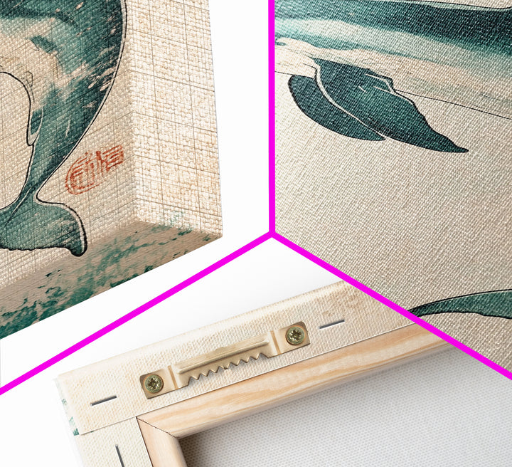 Cherry Blossoms and Dolphins, Framed Canvas Print, Home Decor, Wabi Sabi Dolphin Painting, Minimalist Decor, Living Room Art, Bedroom Art